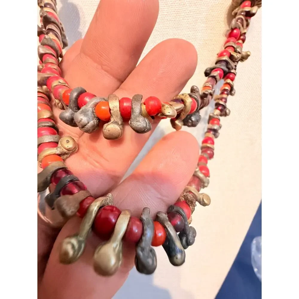 Vintage Handmade African Brass & Coral Bead Necklace 28”